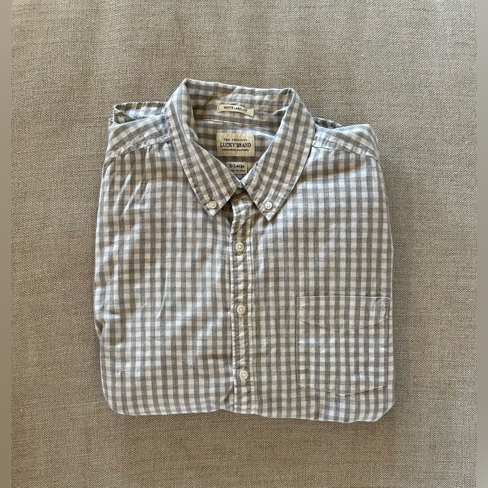 LUCKY BRAND White Label Check Print Button Down Sport Shirt in Heather Gray XL